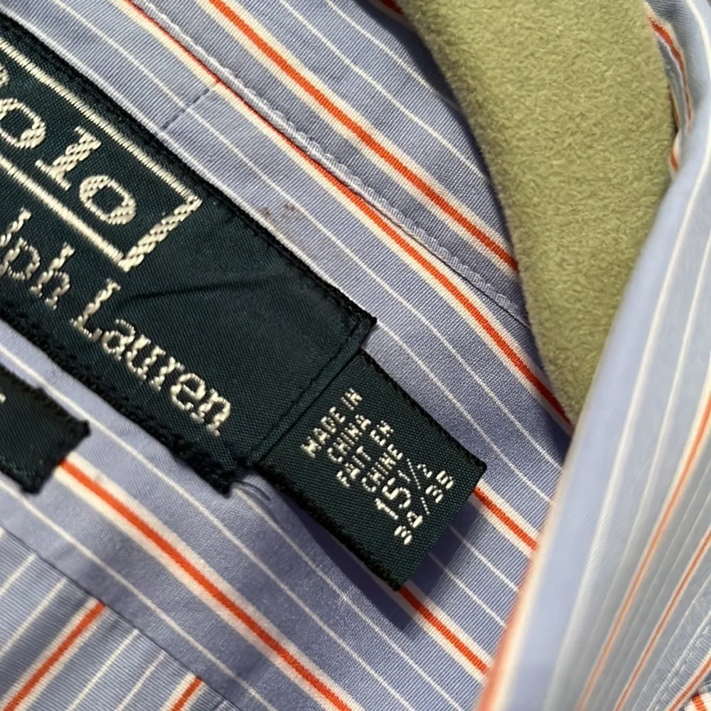 Mens polo blue orange striped button down 15.5 34/35 - Picture 3 of 3